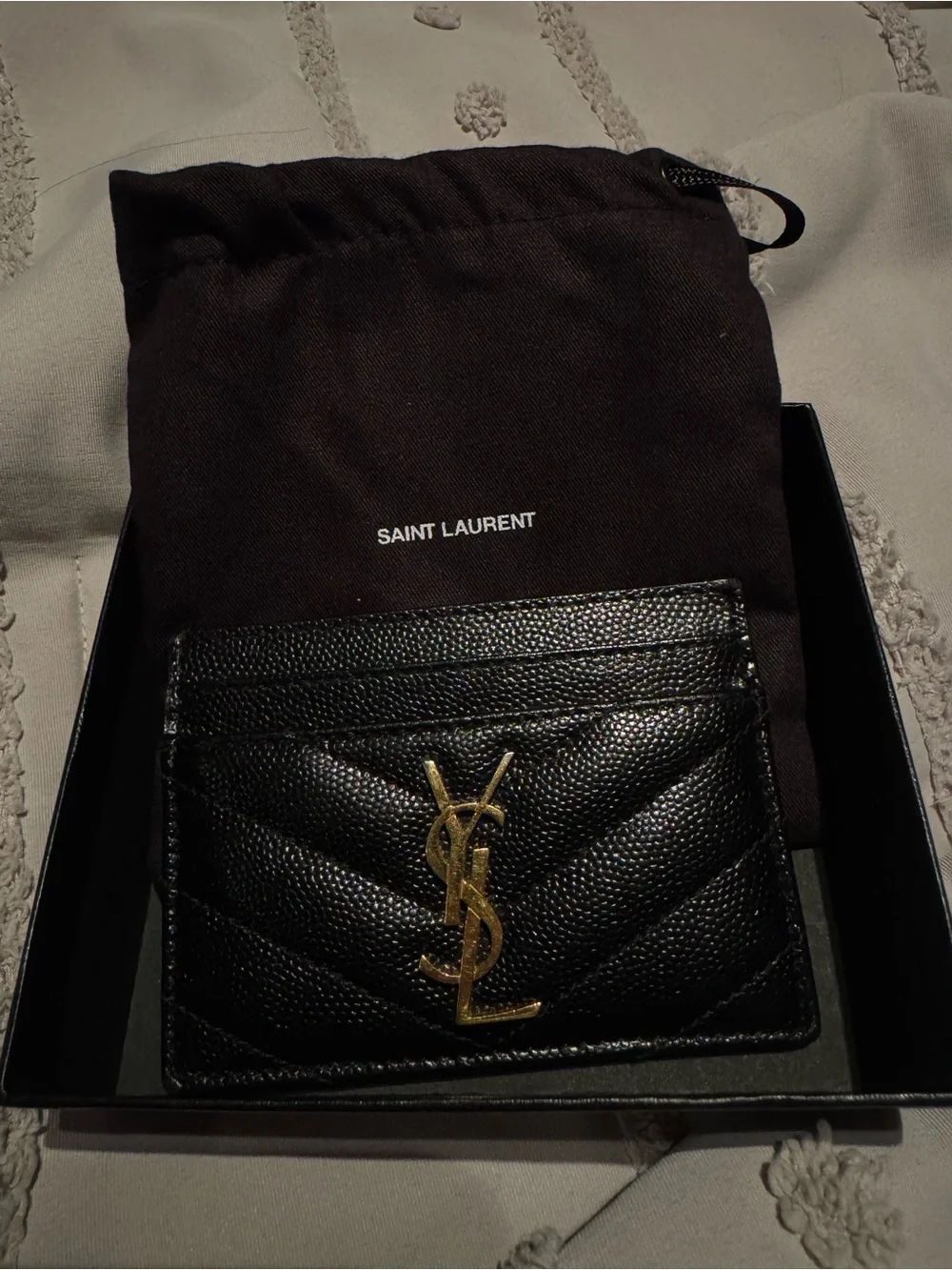 AUTHENTIC- Saint Laurent Black Quilted Leather Card Holder with Gold YSL Emblem
